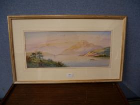 Attributed to Aubrey Ramus, mountain lakeside scene with boats rowing, watercolour, framed