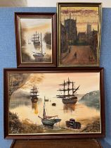 Three paintings, two depicting ships