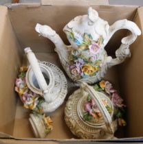 Three continental floral encrusted tea pots