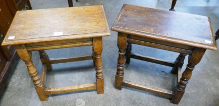 A pair of George III style joined oak coffin stools