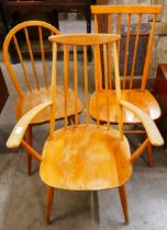Three assorted Ercol Blonde elm and beech chairs
