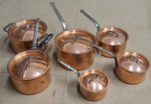 A collection of copper coated saucepans