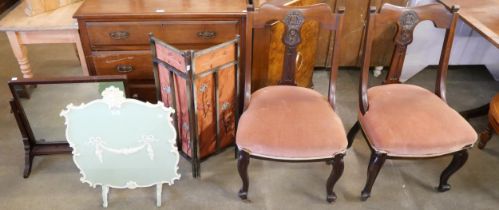 A pair of Edward VII walnut side chairs, two screens and a dressing table mirror