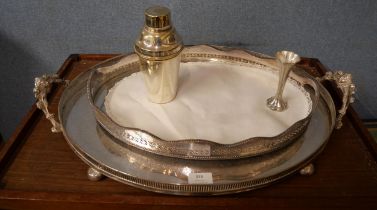 A large silver plated presentation ornate serving tray, a silver plated serving tray, a silver