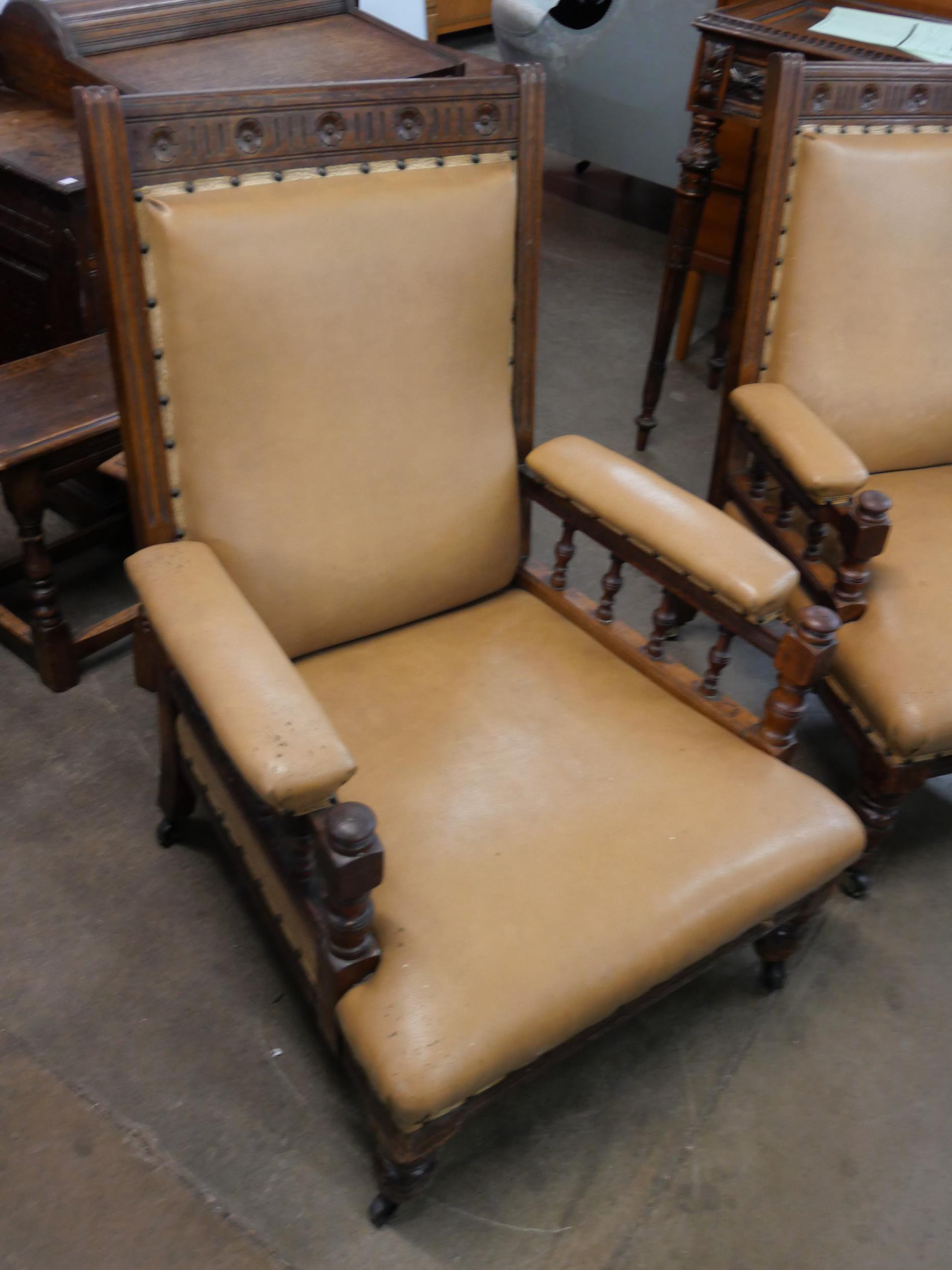 A pair of Victorian Aesthetic Movement carved oak lady's and gentleman's armchairs - Image 2 of 3