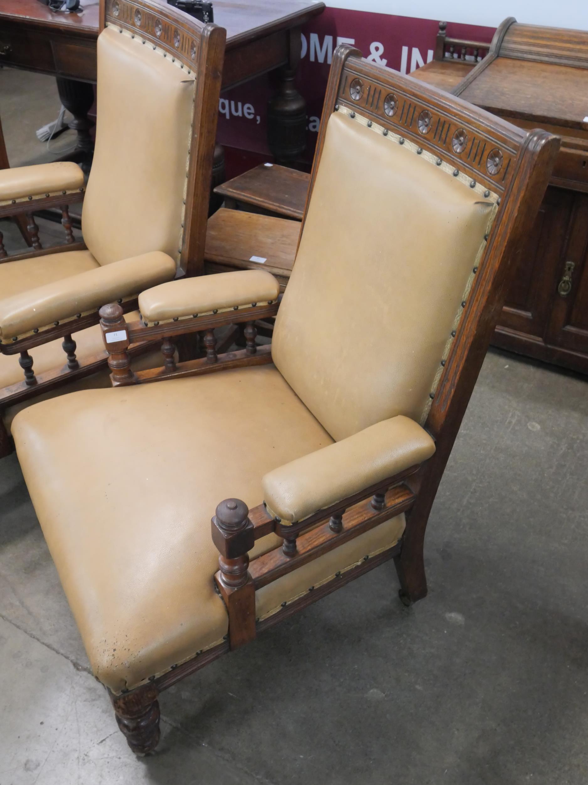 A pair of Victorian Aesthetic Movement carved oak lady's and gentleman's armchairs - Image 3 of 3