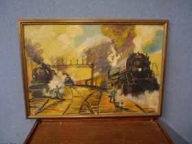 A railway scene, oil on board, framed