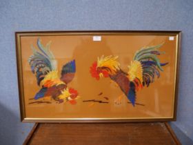 A cock fighting tapestry, framed