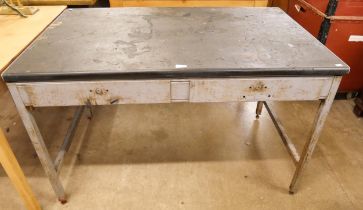 An industrial metal two drawer factory desk