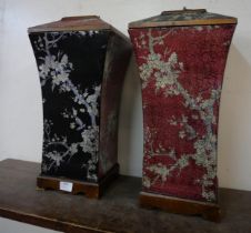 A pair of black and red lacquered chronoiserie lidded pots