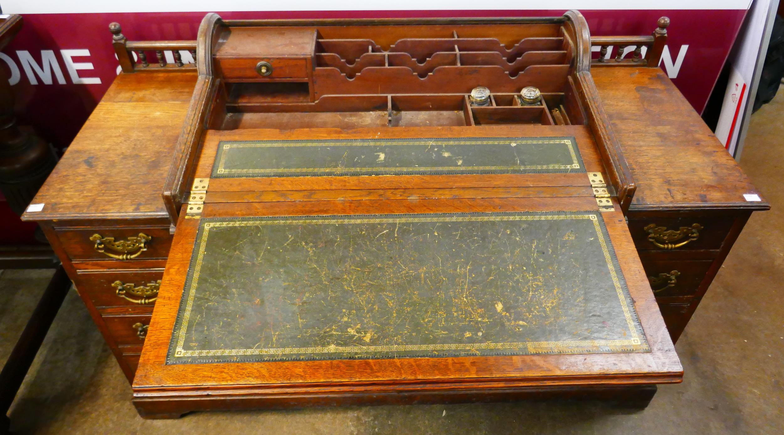 A late Victorian oak tambour roll top bankers desk - Image 2 of 2