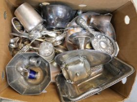 A box of mixed plated ware and other metalwares