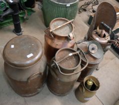 Assorted copperware, including three milk churns, etc.