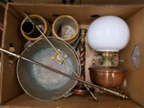 A large brass jam pan, a copper and brass oil lamp, two stoneware pots, etc.