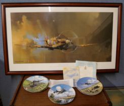 A Barrie Clark, Spitfire print and five Royal Doulton Heroes of The Sky collectors