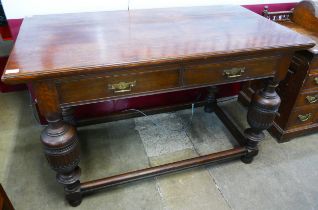A late Victorian oak two drawer library table