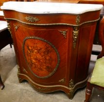 A French Louis XV style inlaid mahogany and walnut serpentine marble topped pier cabinet