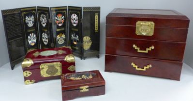 Two small oriental boxes, an oriental jewellery cabinet and a screen, 'Facial Make Up of Peking