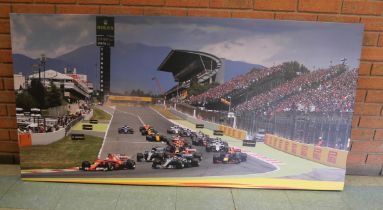 A very large print on canvas, Spanish Formula 1 Grand Prix, first corner