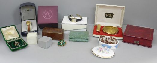 Costume jewellery and wristwatches boxes, a Kigu of London compact and lipstick set and costume