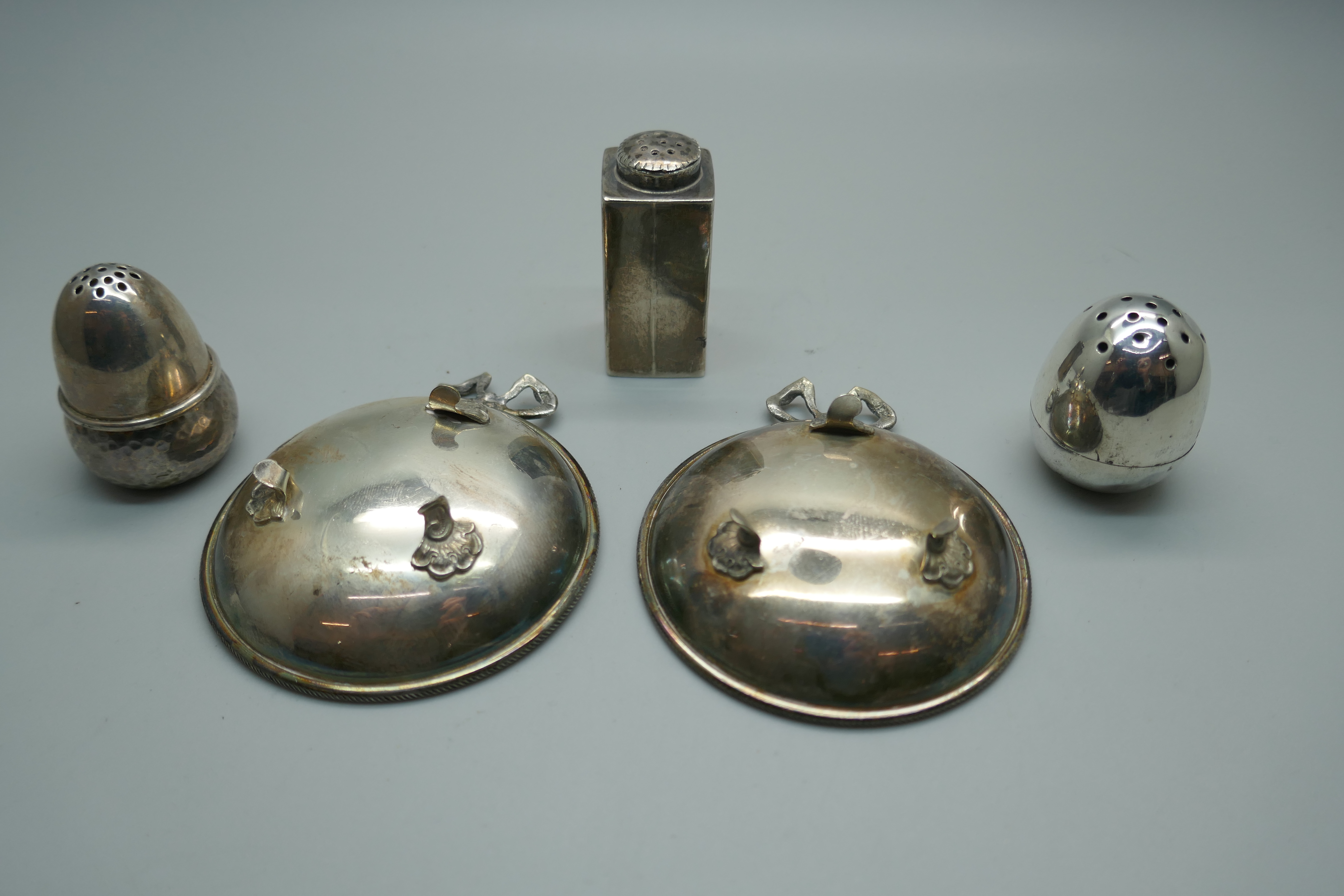 Three silver peppers including one Victorian and one Danish, and a pair of dishes, (peppers 67g) - Image 2 of 2