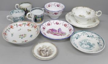 Three Victorian cups and saucers and two small mugs, Welsh costumes, a Georgian New Hall saucer
