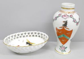 A Samson porcelain vase, no lid and a small German pierced dish with butterfly detail