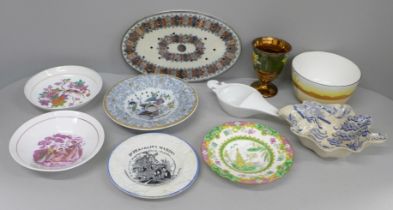 A collection of china including Victorian, Dr. Franklin's Maxim's dish, two strainers, two lustre