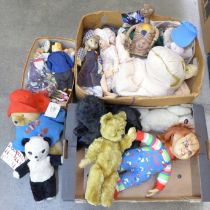 Three boxes of dolls, bears and toys including vintage and a Chucky doll