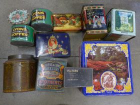 A collection of tins including Crawford Biscuits and a Stotherts advertising string 'box'