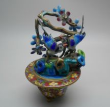 A Chinese silver gilt and enamelled model of two birds by a prunus bush on a cloisonne jardiniere,