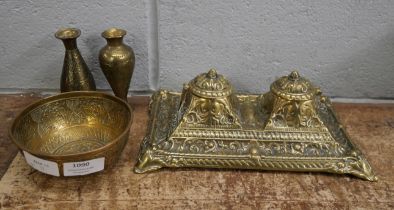 Four items of brassware including ink stand