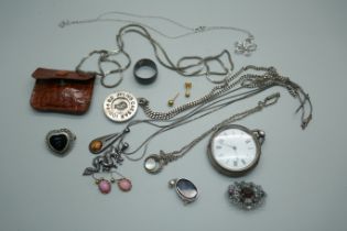 A silver pocket watch, silver jewellery including four pendants, ring, brooch, etc.