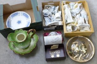 A Coalport plate, a collection of Wedgwood figures, a Paragon fine bone china mug, jug and bowl,