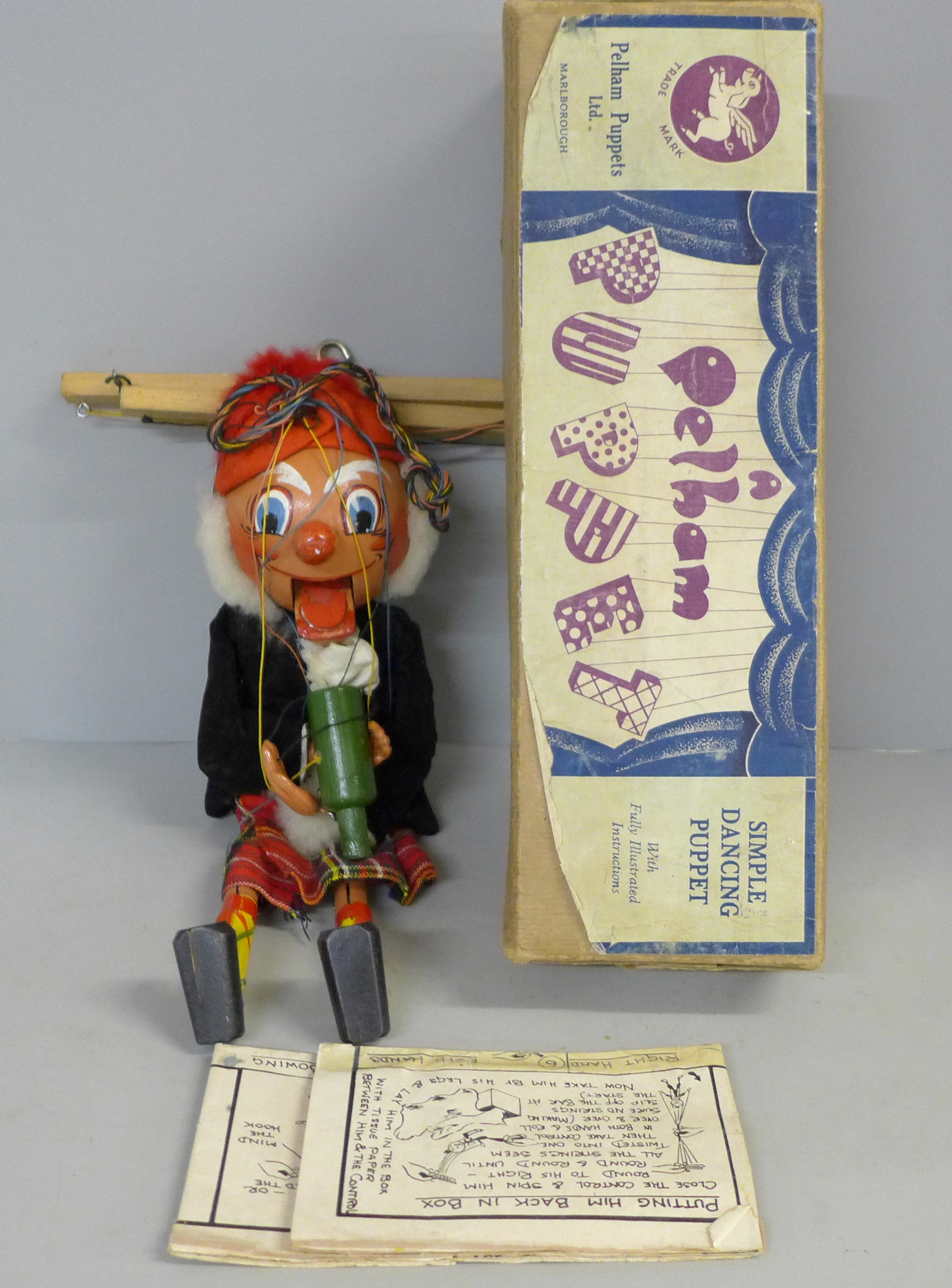 An early Pelham puppet, boxed with instructions