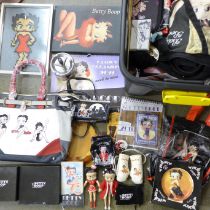 A box of Betty Boop collectables including two bags, ashtrays, boxing gloves, shower gel, seven