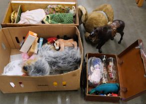 A box of mid 20th Century dolls, doll's clothes, soft toys, cards, dominoes, etc., (2 boxes) **
