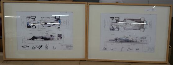 Two prints, Formula 1 Mercedes-Benz diagrams, with team signatures including Hamilton, Rosberg,