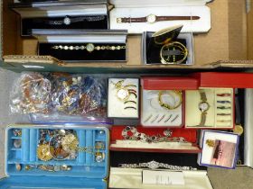 A box of mixed costume jewellery and boxed lady's wristwatches