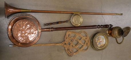 A copper warming pan, a hunting horn, a rug beater, an ale jug, etc. **PLEASE NOTE THIS LOT IS NOT