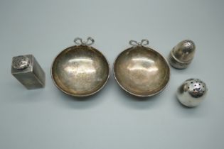 Three silver peppers including one Victorian and one Danish, and a pair of dishes, (peppers 67g)