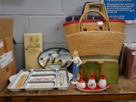 Three straw shopping bags, an Italian dish, Art Deco bookends, Mabel Lucie Attwell sign, etc. **