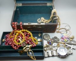 A collection of vintage jewellery; two silver brooches including one Victorian name brooch, Jane,
