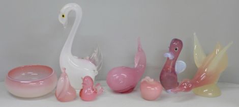 A collection of pink glass including a heavy glass dish (8)