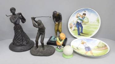 A bronze figure of a female Victorian golfer, a brass and a resin figure of a golfer, two golfing