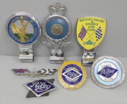 A collection of seven car badges, Riley x3, Royal Aeronautical Society, British Racing and Sports