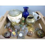 A millefiori paperweight, Japanese vase, oriental scent bottles, brass vase, etc.