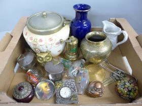 A millefiori paperweight, Japanese vase, oriental scent bottles, brass vase, etc.