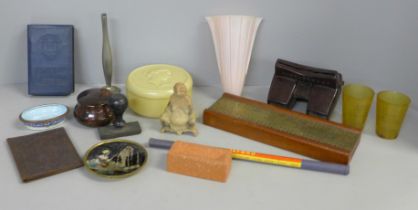 A soapstone Buddha, cribbage board, money bank, Bakelite View-Master and other items