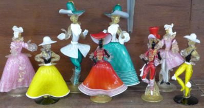 Four pairs of Murano glass figures of dancers, 28.5cm tallest **PLEASE NOTE THIS LOT IS NOT ELIGIBLE